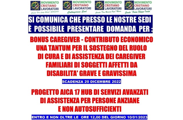 "Bonus Caregiver". Le domande possono essere presentate presso le sedi MCL di Caltagirone, Mineo e Mirabella Imbaccari